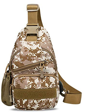 Tactical Military Sling Bag Chest Pack Ryggsäck Crossbody Ryggsäck Molle Axelväska Arméutrustning for cykling Camping Ridning Jakt Vandring med USB-laddningsport(Brown Camo)