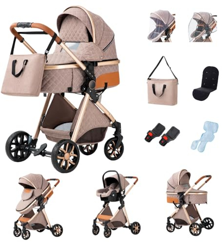 GLOKID Carrito bebé 3 Piezas, Carro, Carrito bebé 3 en 1, Silla Paseo, Sistema de viaje, Plegable, neumáticos de caucho, Con accesorios, Góndola, Adaptateurs, 25 kg (LV9 Caqui)