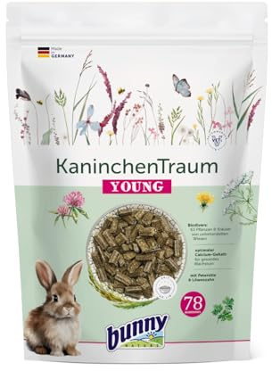 Bunny Coniglio-Traum Young | 600 g | Alimento completo per conigli nani fino a 6 mesi | Con 42 diverse piante di prati non trattati | mix di 3 fibre