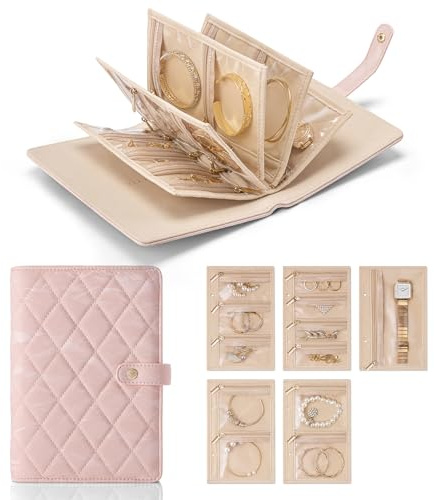 Vlando Jewellery Organiser, Foldable Earring Storage Organiser, Travel Jewellery Case with 5pcs Velvet Jewellery Pouches Bag for Necklace, Earring, Bracelets, Ring, Brooches(Sand pink)