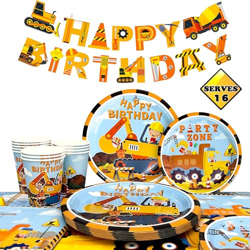 Bagger Geburtstag Deko Partygeschirr, 66 Pcs Konstruktion Party Geschirr Set Bagger Teller Pappbecher Servietten Tischdecke Baustellen Banner etc Baustelle Geburtstag Deko für Jungs Mädels