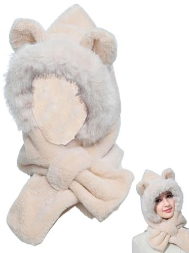 dmqdu Winddichter Kapuzenschal, Kapuzenschal-Mütze - Niedliche Ohr-Winter-warme Frauen-Hoodie-Mütze,Integrierter Ohrenschutz, winddichter Winter-Hals- und Gesichtswärmer mit Plüschfutter für