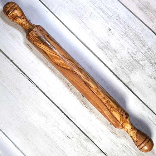 Wooden Rolling Pin for Baking Handmade from Olive Wood - 100% Natural Unique Rolling Pin with Handles, Length 41cm - by Ezo.Home