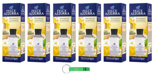 6 deodorante per ambienti Felce Azzurra, diffusore con bastoncini – Diffusore a Bastoncini – Tè bianco e profumo Osmanthus 120 ml + portachiavi Beni Culinari gratuito