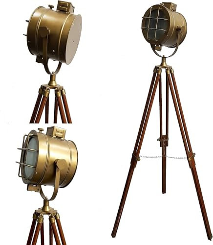Gulvintilabcal Projecteur de studio en laiton pour la maison et le bureau, éclairage décoratif vintage marin, trépied LED, lampadaire, projecteur antique, support réglable en bois