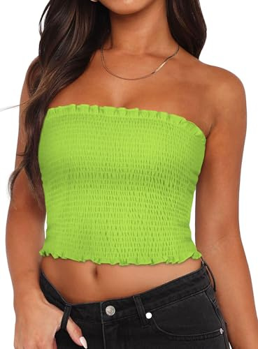 Tubos Tops Para Mujer Verano Sin Espalda Plisada Crop Top Slim Fit Camiseta sin Mangas, verde neón, M