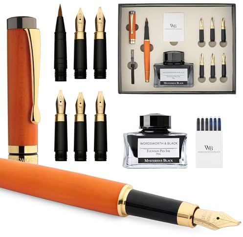 Wordsworth & svart kalligrafi penna presentpaket, inkluderar bläckflaska, 6 bläckpatroner, bläckpåfyllningsomvandlare, 6 ersättningsspetsar, lyxig bambu, journaling, släta skrivpennor [körsbärsträ