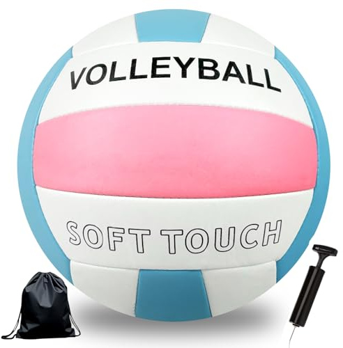 Bibykivn Volleyboll, strandvolleyboll, mjuk beröring volleybollträning för strand utomhus inomhuslek, officiell storlek 5, artiklar med ryggsäck och pump-nätväska (puderblå och vit)