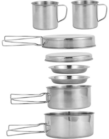 Set da cucina da campeggio per 3-4 persone, pentole da campeggio in acciaio inossidabile e padelle, set di cottura da campo leggero impilabile per il picnic da esterno da campeggi