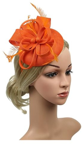 KJBDQQH Fascinator hatt dam dam bröllop kväll fest nät pannband blomma hatt fascinator kepsar fjäder dam hatt (orange)
