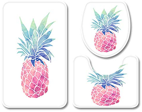 Badrumsmatta rosa geometrisk ananas WC matta med utsnitt WC lockskydd 3 delar WC matta halkfri badrumsset U-formad badmatta tvättbar badrumsmattor set 50 x 80 cm