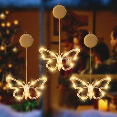 DAZZTIME Osterdeko Led Fenster Licht,3 Stück Lichterkette Schmetterling,Led Fensterlicht Saugnapf,Schmetterling Lichterkette,Frühlingsdeko Fenster,für Draußen InnenDeko