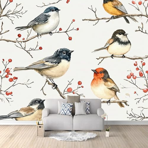 3D Fototapete 400 X 280 Cm Tier Vogel Rote Früchte – Moderne Wandtapete Für Wohnzimmer, Schlafzimmer, Büro Oder Flur Braun Grau– Uv-Beständig, Dekorative Vliestapete