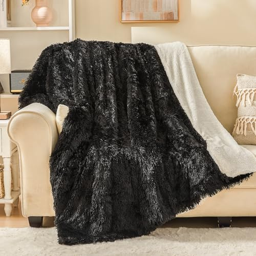 EMME Faux Kuscheldecke Flauschig, 150 x 200 cm, Felldecke, Pelz Wolldecke, Wohndecke, Super Weich, Plüschig, Warme Gemütliche Fleecedecke, Dicke, Elegant, Überwurf Für Sofa und Bett, Schwarz
