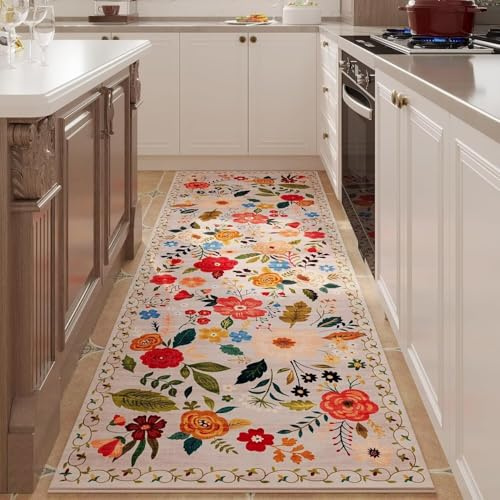 ARRITS Beige Waschbarer Läufer Teppich Flur 60x160cm Vintage Blumen Boho Teppich Weich rutschfest Blumenmuster Bettvorleger Kurzflor Flurläufer Teppiche für Küchen Wohnzimmer Schlafzimmer Badezimmer