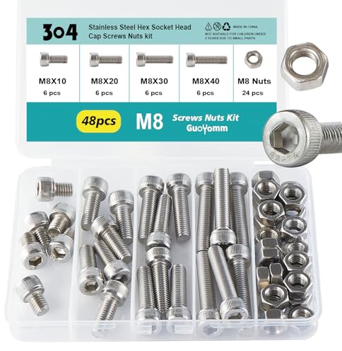 GuoYomm 48 pezzi M8 viti a testa esagonale con bulloni in acciaio inox 304, set completo di bulloni meccanici a filettatura completa in scatola combinata, lunghezze: 10 mm 20 mm 30 mm 40 mm