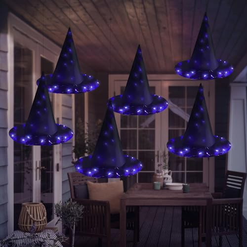 Hexenhut Beleuchtet, Halloween Deko Outdoor Und Innen, Halloween Zubehör Garten Decke Decorations Hexen Hut Zum Aufhängen Mit Led Lichterkette, Witch Hat Leuchtende für Party Cosplay Kostüm (Lila)