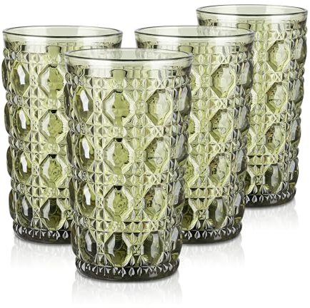 Joeyan 400ml Trinkgläser Set Bunt, Grüne Wassergläser, Vintage Gläser Set 4 Teilig, Retro Saftgläser mit Edelstein Relief Design,Farbig Trinkgeschirr für Alltag,Büro,Outdoor, Spülmaschinenfest