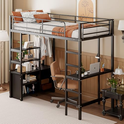 okwish Hochbett 90x200 cm Metallbett, Funktionsbett Bettgestell mit Steckdose und USB, Kinderbett Eisenbett mit Leiter & Rausfallschutz, Jugendbett mit Schreibtisch & Regalen, Lagerschrank, Schwar