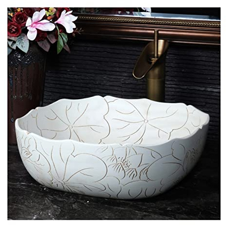 HTTGDGDH Lavandino da Appoggio per Bagno, Lavabo da Appoggio Quadrato Vintage Intagliato A Mano con Motivo A Loto, Lavabo da Appoggio in Ceramica per Bagno, Lavabo Artistico, Lava