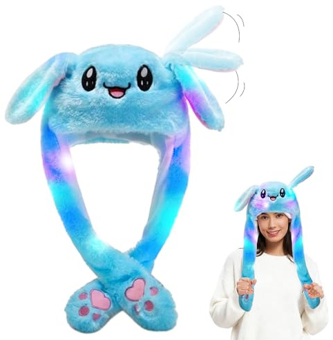 Riisoyu Niedliche Hase Plüsch Hut, Wackelohr Mütze mit Led Niedlicher Leuchtender Hasen Plüsch Hut Muetze mit Beweglichen Ohren für Kinder Mädchen Freundin Party Karneval Cosplay Fasching (Blau)
