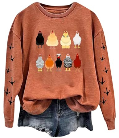 Generisch Felpa da donna casual a maniche lunghe girocollo con grafica di galline stampata maglione felpa top camicetta, caffè, XXL
