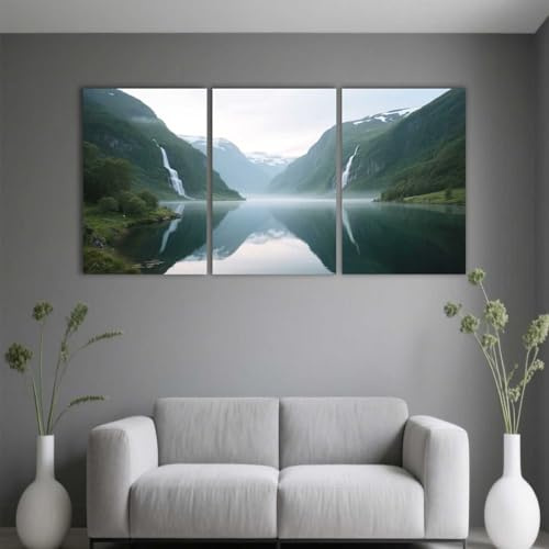 PYBILDCYJ 3 Cuadros en Lienzo Moderno 50x75 cm - Decoración para Dormitorio y Salón Fiordo con reflejo de cascada Set Tríptico, Impresión HD, Mural Panel Decorativo (Sin Marco)