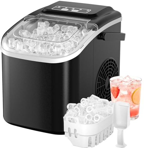 Machine à Glaçons, 12kg en 24h, Portable Machine a Glacons avec Cuillère à Glace, 8 Glaçons en 6-8 Minutes, Autonettoyante, Idéale pour Maison/Cuisine/Camping