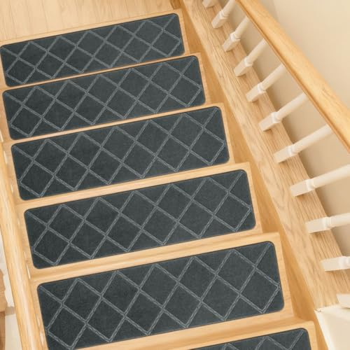 MIUUIPI Treppenstufen Matten, 15 Stück Stufenmatten Selbstklebend Innen, 55cm x 19cm Treppenstufen Antirutsch Zuschneidbar für Schützen Sie Haustiere, Senioren Kinder (Dunkelgrau)