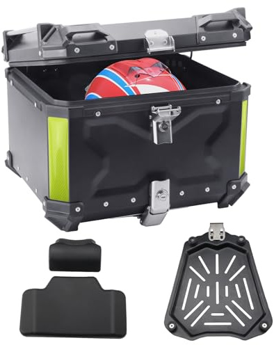 Zjyufy Topcase Motorrad, Universelle Motorrad-Heckbox aus Aluminiumlegierung mit Lederfutter, wasserdichte Abnehmbare Motorcycle Top Case mit Rückenlehne und Montageset, Diebstahlschutz (45L)