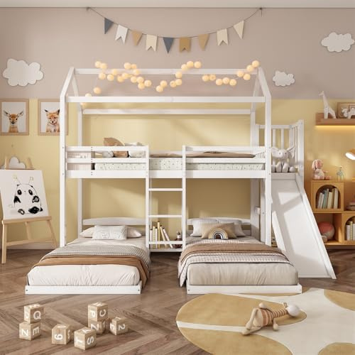 Letto a castello 90 x 200 cm, struttura stabile, letto a soppalco con scivolo, design unico del tetto, design con tre posti letto, spazio nel letto superiore, pino e MDF, bianco,