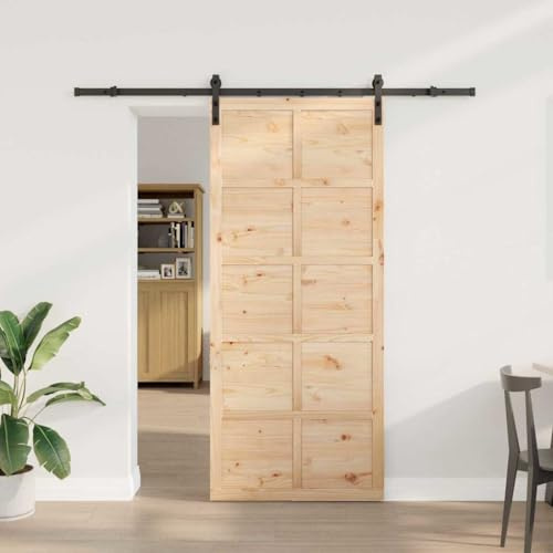 Hommdiy Schiebetür mit Beschlag Schiebetürsystem Holztür Schiebetürbeschlag Holzschiebetür Tür Laufschiene Kiefernholz Massiv 90 x 208 cm Schienenlänge:200 cm