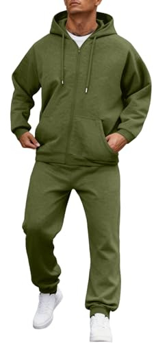 Tuta Uomo Completa - Tuta da Ginnastica Uomo Sportive Palestra Maniche Lunghe Tute Felpe Elasticizzati Tracksuits Comoda Moda Running Invernale con Cappuccio Abbigliamento Verde Militare XXL