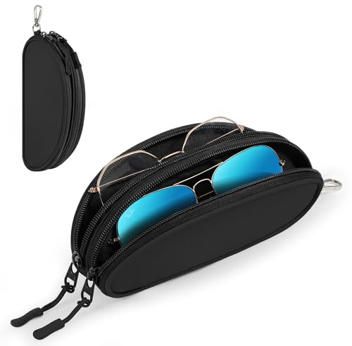 MoKo Doppelte Brillenetui, Weiche Sonnenbrillen-Tasche mit Metallclip und Reißverschluss, Tragbares Reise-Doppel-Etui für Herren und Damen