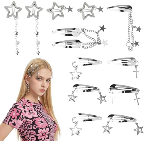 12 Stück Y2K Stern Haarklammern, Silber Pentagramm Haarspangen, Metall Retro Haaraccessoires für Mädchen, Frauen und Damen bei Partys, Konzerten und Alltag