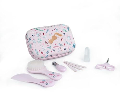 Miniland Babyhygien- och vårdkit med 6 tillbehör: borste, kam, sax, nagelklippare, tandköttsstimulator och 2 filar med väska, perfekt för resor (ekorrel)