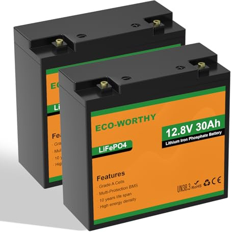 ECO-WORTHY 2X Batería LiFePO4 12V 30Ah BMS 25A para Autocaravana | BMS 25A, 15000 ciclos, 384Wh c/u, para autocaravanas y sistemas solares.