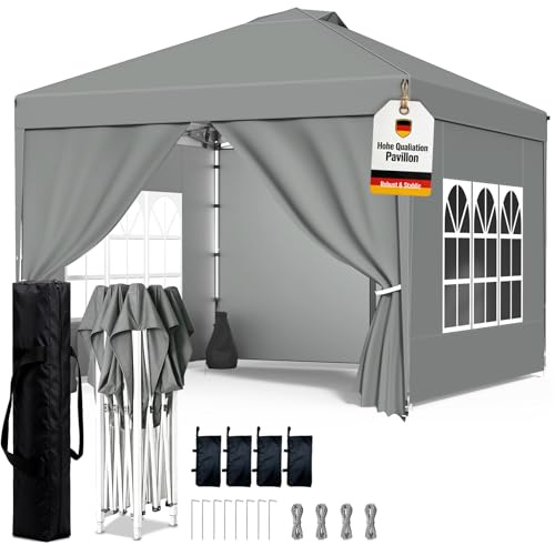 WoRaum Tonnelle 3x3m Imperméable, Toile PU1500mm & Structure Acier - Tonnelle Pliante Hivernable avec Paroi Latérale & Réglage Hauteur One-Push - (INCL. 4X Sac de Sable & Accessoires,Gris argenté)