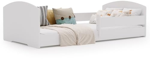 KOBI Montessori Leo spjälsäng 140 x 70 vit med madrass och räcke: en modern, säker och utomordentligt bekväm barnsäng med solid struktur och elegant skandinavisk stil