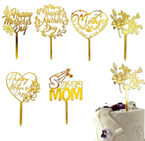 GHPKOTW 6 Stücke Kuchen Dekoration, Goldene Herzblumen Motive, Vielseitige Muttertags Torte Deko für Feiern, Partys und Festliche Anlässe