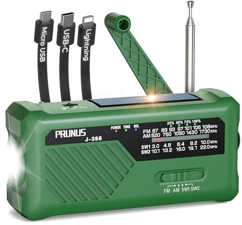 PRUNUS J-366 Uppfällbart radio, handvevad nödradio, 3-i-1 laddningskablar, 7 400 mWh/AAA-batteri/handvevradio/solar/USB-C, AM/FM, SOS-larm, ficklampa, kompakt för väska (grön)