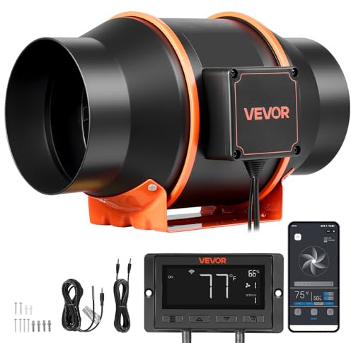 VEVOR Ventilatore da Condotto 683 m³/h, Estrattore Aria in Linea, Motore EC 152,4 mm, 10 Livelli di Velocità, Controllo PWM con App, Sensore di Temperatura e Umidità, per Giardinaggio Indoor, Grow Box