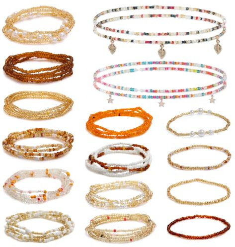 YiiHHooN 16 Pièces Perles de Taille, Chaîne de Taille Élastique avec Bracelets de Cheville, Bijoux de Corps pour Été Bikini Tenues