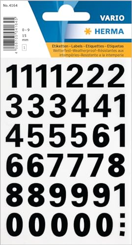 Herma Numeri, 15 mm, 0-9, Resistente alle intemperie, Lamina Nera, 1 bl., 4164