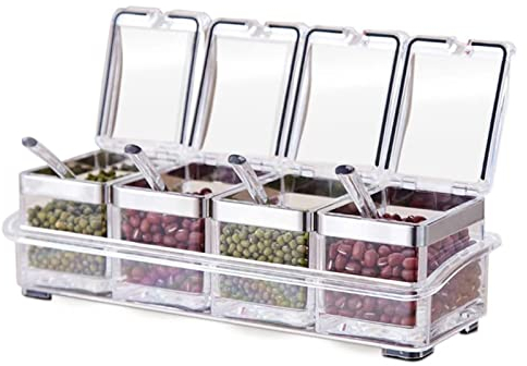 TENTA KITCHEN Gourmet Lot de 4 Compartiments à épices en Acrylique avec 4 cuillères à Servir Idéal pour la Cuisine