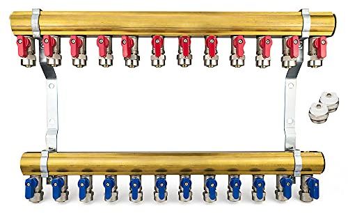 Messing Heizkreisverteiler 12 Heizkreise Set mit 24 x PEX Kugelhahn mit Klemmring 16mm x 1/2 AG & 2 x Entlüfter & 2 x Blindstopfen 1 Zoll | Systemverteiler Zentralheizung 2-12 Fach Verteiler Heizung