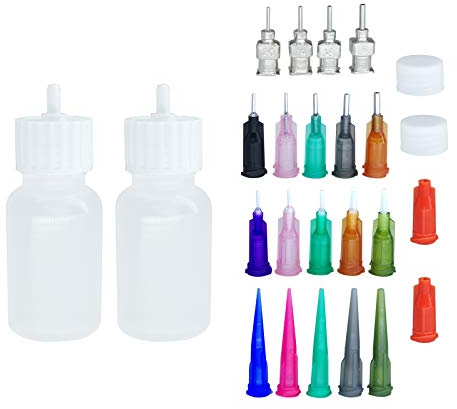 Xmasir Applicatore multiuso di precisione JAC per set di henné, 2 pezzi, 1 oncia. Bottiglia con 4 tappi di chiusura e 16 pezzi. Dimensioni della punta dell'ago