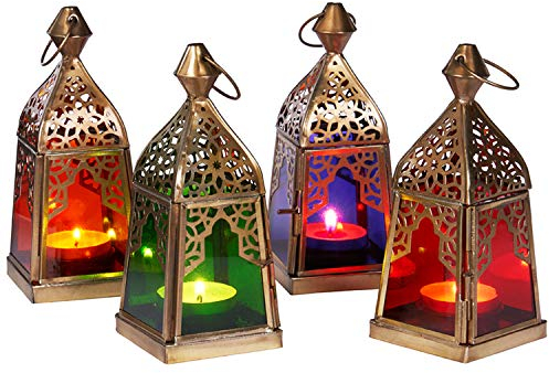 SET di 4 Lanterna orientale in metallo in vetro Basil 16cm verde blu viola arancione | luce marocchina in vetro colorato per uso interno | Lampada per uso esterno come lanterna | luce da giardino