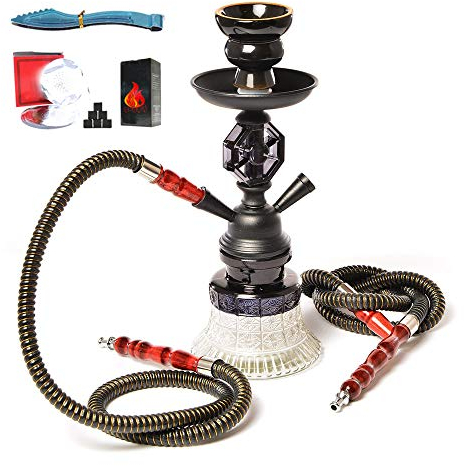 JHKJ Hookah Set 2-Hose Pipe con Un Tazón de Cerámica, Clip de Carbono, Lámina de Aislamiento Térmico para Better Shisha Hookah Smoking Deluxe Shisha,Negro