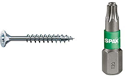 SPAX Universalschraube, 5,0 x 80 mm, 200 Stück, T-STAR plus, Senkkopf, Teilgewinde, 4CUT, WIROX A3J, blank verzinkt, 0191010500805 & BIT T-STAR plus T20, 6,4 x 25 mm, 5 Stück in der Dose